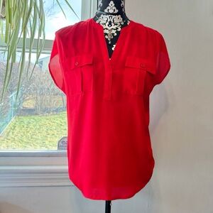 INC Red Short Cap Sleeve VNeck Blouse with Pockets Mixed Media Size Medium